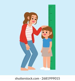 mãe está medindo a altura de sua filha com a tabela de tamanho, tamanho da tabela de altura, mulher verificando a altura da menina, ilustração de verificação de crescimento infantil	