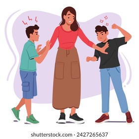 Mother Mediates, Fostering Understanding, Teaching Compromise. Encourages Empathy, Guiding Aggressive Kids To Resolve Conflicts Peacefully, Nurturing Communication And Strengthening Familial Bonds