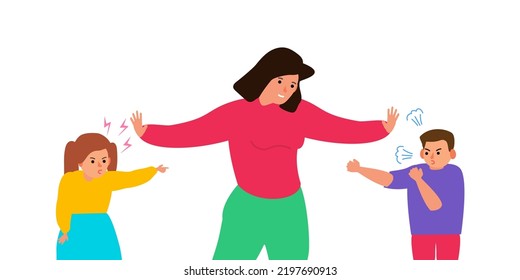 mother mediator between two angry quarreling  children stop conflict  dispute find compromise vector illustration