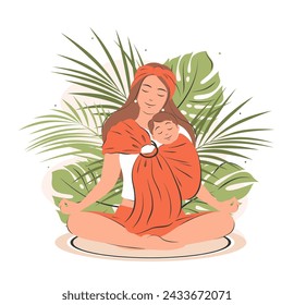 Mother meditating at home, practices yoga with baby. Woman doing relaxing exercises and is holding baby in sling. Calm parent, motherhood  and stress relief. Vector illustration