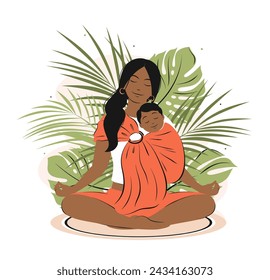 Mother meditating at home, practices yoga with baby. Woman doing relaxing exercises and is holding baby in sling. Calm parent, motherhood  and stress relief. Vector illustration