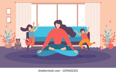 Mother Meditating At Home, Woman Doing Relaxing Exercises In Living Room, Practicing Yoga While Haughty, Noisy Children Running Around Flat Vector Illustration. Calm Parent, Balance And Stress Relief