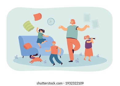 Mother meditating while naughty children creating chaos at home. Mischievous kids running in room, mom trying to keep calm. Cartoon vector illustration for parenthood, childhood, large family concept