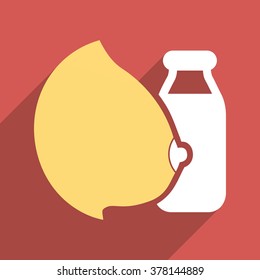Mother Milk Bottle long shadow vector icon. Style is a flat light symbol with rounded angles on a red square background.