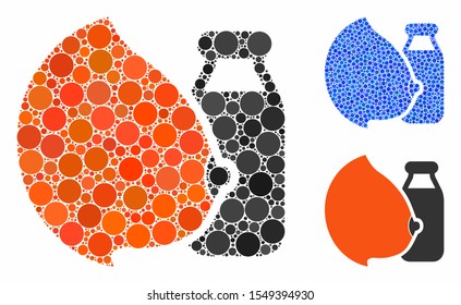 Mother milk composition of round dots in variable sizes and shades, based on mother milk icon. Vector round dots are organized into blue collage. Dotted mother milk icon in usual and blue versions.