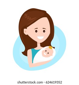 Mother modern flat style character holds little child on hands. Vector illustration design isolated on white background. Mother with child character