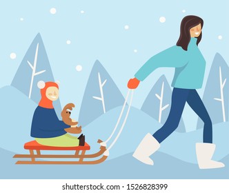 Mother, mom carrying kid on a sled in park during snowing day. Girl or boy sitting on a sledge and holding stuffed animal toy. Cheerful family winter holidays activity flat vector illustration.