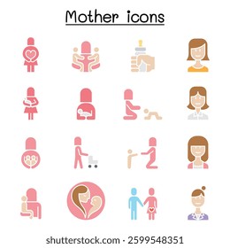 Mother and mom icon set in flat color style