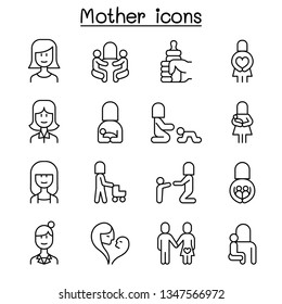 Mother & Mom Icon Set In Thin Line Style