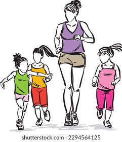 mother mom and kids daughters three mothers day running jogging walking together vector illustration