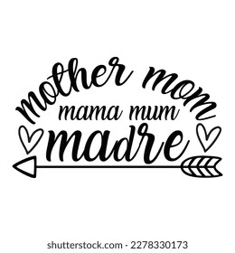 Mother Mom Mama Mum Madre, Mother Day vector greeting card in Spanish. Hand drawn gold glitter calligraphy lettering title with polka dot pattern.