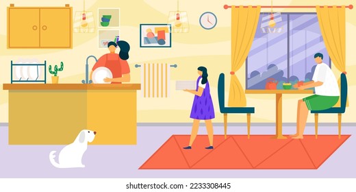 Mother mom wash dish at home, happy parent family people together vector illustration. Father man, kid at dinner table.