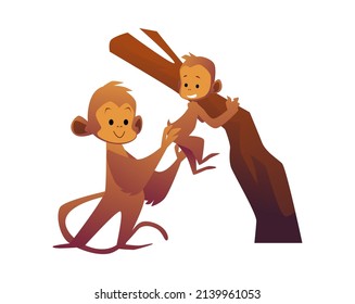 Mother monkey helping her baby monkey. Adorable animals family of monkeys mom and child, flat cartoon vector illustration isolated on white background.