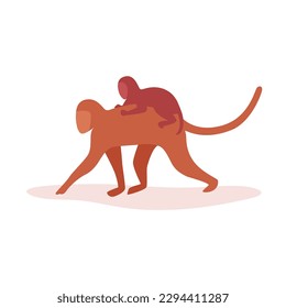 Mother monkey walking with baby monkey on back. Cute monkeys flat cartoon vector illustration isolated on white background