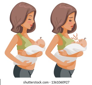 Mother mood Showing different images of the mother's baby. Crying newborn baby on hands, First time mother and hardship with child care.and breastfeeding Baby drinking milk. Well done for child care.