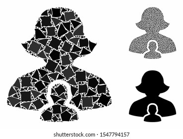 Mother mosaic of ragged parts in variable sizes and color tinges, based on mother icon. Vector rough pieces are united into mosaic. Mother icons collage with dotted pattern.