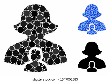 Mother mosaic of small circles in various sizes and color tinges, based on mother icon. Vector small circles are united into blue mosaic. Dotted mother icon in usual and blue versions.