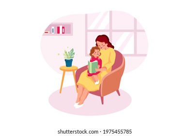 Mother Mum Reading Fairy Tale Book To Baby Child Daughter At Home.