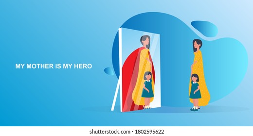 Mother Is My Hero. Daughter Seeing Mom's Reflection As Superhero In Mirror Standing With Her On Blue Background. Panorama. Vector