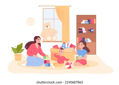 Mother Or Nanny Playing With Kids At Home. Mom Sitting On Floor With Daughter And Son In Game Room Flat Vector Illustration. Parenting, Family, Motherhood Concept For Banner Or Landing Web Page