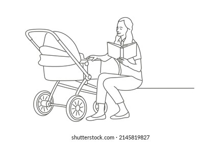 Mother or nanny is sitting on bench and reading book. Hand drawn vector illustration. Black and white.