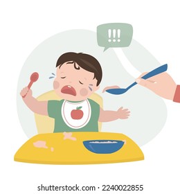 Mother or nanny trying to feed small child. The baby is crying and refuses to eat. Childhood, child care, difficulties and problems in raising young children. Hand holds spoon with food. Flat vector