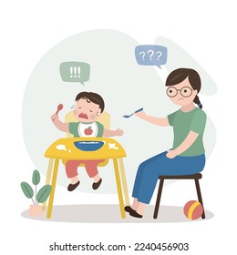 Mother or nanny trying to feed small child. Baby is crying and refuses to eat. Childhood, child care, difficulties and problems in raising young children. Calm mom holds spoon with food. Flat vector