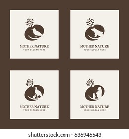 Mother Nature. Animals Logos. Crow, Frog, Eagle, Orangutan