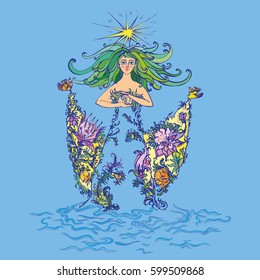 Mother nature as beautiful woman in dress of flowers with curly green hair holding lilies of the valley. Suitable for Mother Day and Earth Day pictures and cards. Vector Illustration