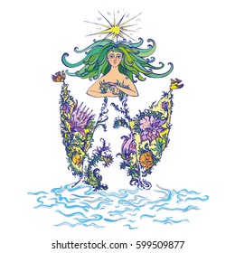 Mother nature as beautiful woman in dress of flowers with curly green hair holding lilies of the valley. Suitable for Mother Day and Earth Day pictures and cards. Vector Illustration