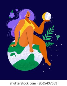 Mother Nature - colorful flat design style illustration with a cartoon character. Strong independent beautiful woman sitting on the planet Earth. Female is the creator of life. Divinity idea