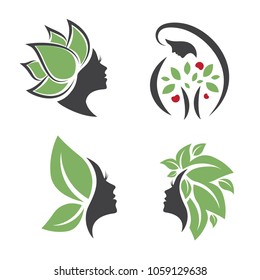 Mother Nature Eco Leaf Natural Logo Woman Face Design Collection