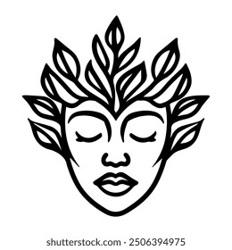 Mother Nature Face logo or modern line icon. Vector line art and icon design with bold outline. Black and white Pixel Perfect minimalistic symbol isolate white background. Creative logotype