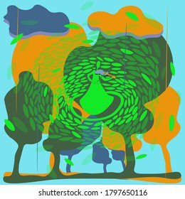 Mother nature, girl with violin, dance, leaves, trees, greenery, green, clouds, protect nature