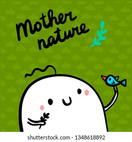 Mother nature hand drawn illustration with cute marshmallow holding bird and plant cartoon minimalism style - Shutterstock ID 1348618892