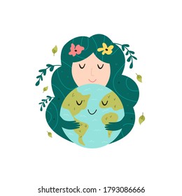 Mother nature hugging smiling Earth planet. Love you planet concept. Earth day. Cute vector illustration