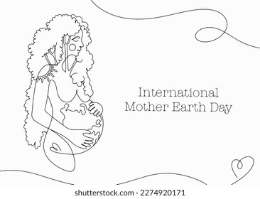 Mother nature as a pregnant woman. A woman with hair in the form of a tree and a belly in the form of a planet. One line drawing. Vector illustration