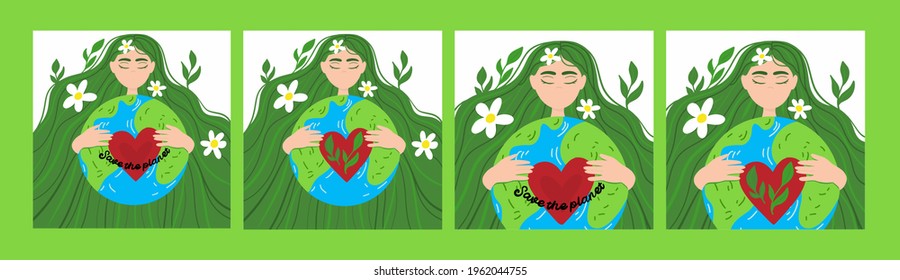 Mother Nature. Save the planet. A set of postcards Earth Day. . Woman holding world ecology earth day. Nature care concept. Vector illustration for poster, flyer, banner and other use.