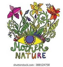 Mother Nature - Vector illustration. Unique floral hand drawn design for poster, apparel, t-shirt, organic label, emblem. 