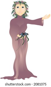 Mother nature, woman in long dress with vines,leaves and flowers in her hair. Illustration is in easily editable and scalable vector format.
