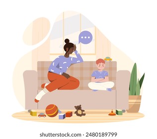 Mother with naughty boy at home. Woman talk with boy sitting at sofa. Mess and chaos in living or children room. Parenting process. Cartoon flat vector illustration isolated on white background