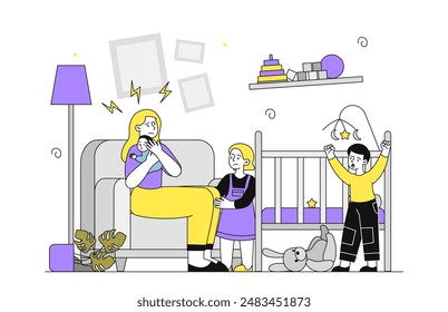 Mother with naughty kids. Woman tries to calm her baby. Son and daughter screaming. Bad discipline in family. Anger and upset mom. Linear flat vector illustration isolated on white background