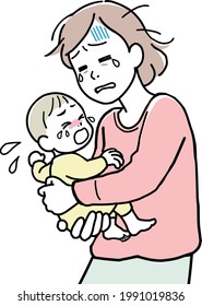 A mother with nervous breakdown, holding her crying baby in her arms