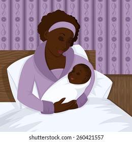 Mother with newborn baby in a bed.  Features dark skinned/African descent mother and baby in purples.