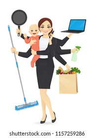 Madre con recién nacido en ropa de negocios limpieza, compras, charlas por teléfono, cocina e ilustración vectorial de trabajo