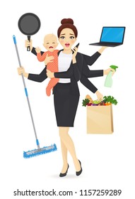 Mother With Newborn Baby In Business Clothes Cleaning, Shopping, Talking By Phone, Cooking And Working Vector Illustration