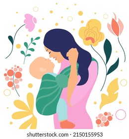Mother and newborn baby in hands. Young mom holding and hugging calm child. Happy peaceful woman and infant portrait.  Flat vector illustration background with flowers.
