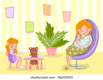 Mother with newborn baby and her daughter in the living room vector Illustration