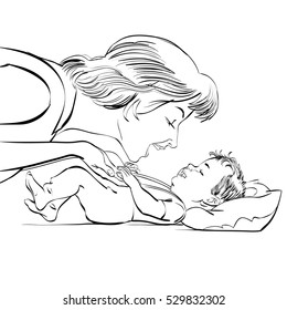 mother and newborn baby love. Black and white sketch vector illustration. childhood and motherhood. Mothers day and international womens day