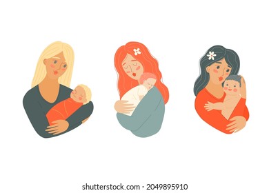 Mother with newborn baby. mothers Day cartoon. Mama with infant. Woman with a child. Parent holds the child in her arms. Stock vector flat illustration isolated on white background.